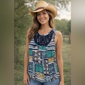 Wrangler Patchwork Tank Top - Teal and Navy with Embroidered Detail, XL